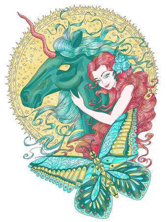 Colorful fantasy illustration with hand drawn beautiful fairy girl or princess and magic unicorn horse with butterfly isolated on white background, mystic or fable doodle and clip artの写真素材