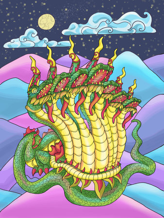 Colorful fantasy illustration with ethnic Thailand demon and mythology creature against landscape with mountains at night, cartoon style for poster and cards, Asian and India culture conceptのイラスト素材