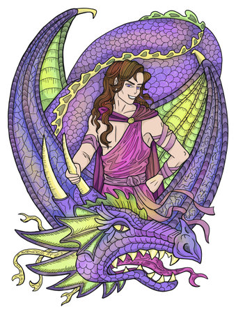 Colorful vector illustration with fantasy dragon and handsome warrior character boy, hero man or prince isolated on white, manga cartoon styleのイラスト素材