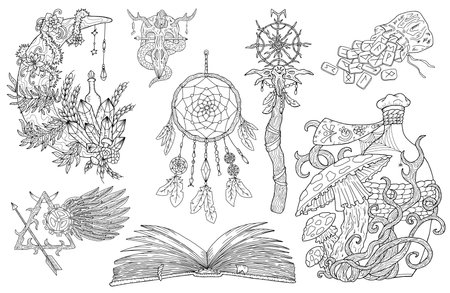 Engraved line art vector graphic collection with mystic, esoteric and occult symbols isolated on whiteのイラスト素材