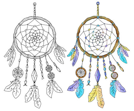 Vector Mystic illustration with occult, esoteric and gothic symbol of dreamcatcher isolated on white, black and white and colorful set of mysterious emblemのイラスト素材