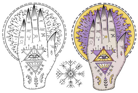 Vector Mystic illustration with occult, esoteric and gothic symbol of astral hand isolated on white, black and white and colorful set of mysterious emblem and Halloween conceptのイラスト素材