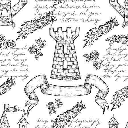 Seamless pattern with medieval tower, banner, dragon and hand written text. Vintage hand drawn background. No foreign language, only fantasy symbolsのイラスト素材
