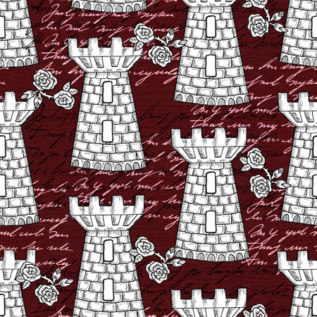 Seamless pattern with old castle tower, roses and handwritten text. Vintage hand drawn background. No foreign language, only fantasy symbolsの写真素材