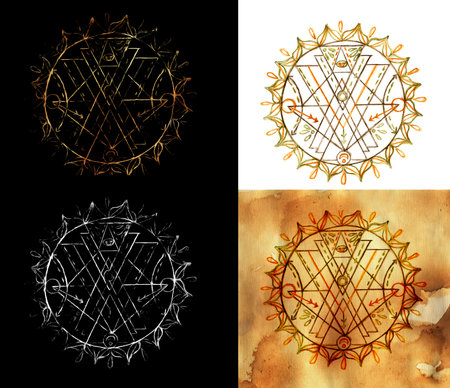 Design set with sacred geometry elements, shapes and patterns styled with textures. Mystic, esoteric and occult background.の写真素材