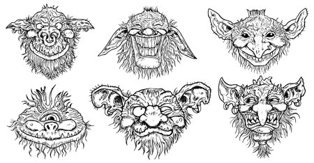 Hand drawn vector set with engraved funny demon or gnome faces  isolated on white, line art fantasy...