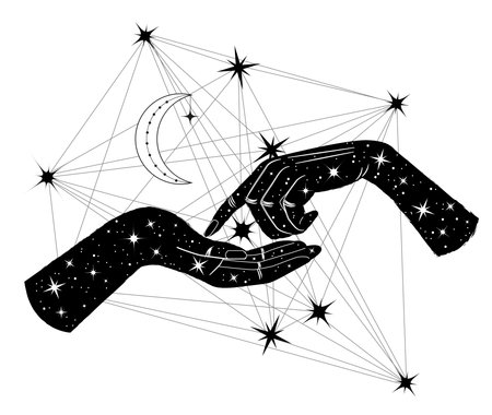 Hand drawn illustrations with hands of witch or fortune teller against stars and sacred geometry pattern. Tattoo, poster or altar print design concept, esoteric, wicca and gothic backgroundのイラスト素材