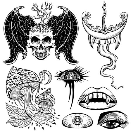 Design set with line art hand drawn mystic objects and symbols of scary demon skull, magic mushrooms, vampire lips and teeth, third eye isolated on white. Esoteric, Halloween and occult conceptのイラスト素材