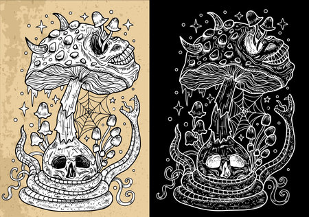 Scary mystic mushrooms with magic decorative design elements, skull, witchcraft symbols. Esoteric and witchy Halloween objects, tattoo concept, hand drawn clipartのイラスト素材
