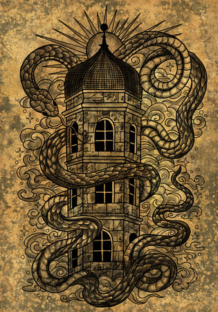 Graphic illustration with snake - symbol of the year according to chinese horoscop, and tower against textured background. Esoteric, gothic and mystic artwork, epic concept for print, tattoo, cardsの写真素材