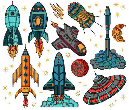 Hand drawn design set with colorful vector illustrations of retro future space rockets and ships isolated on white, line art science fiction concept, doodle stickers and clip art collectionのイラスト素材