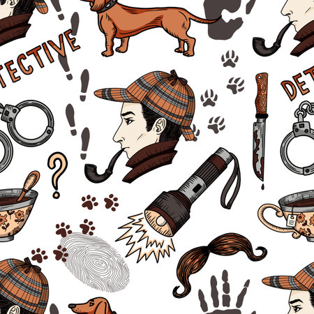Colorful seamless pattern with cartoon detective and crime investigation symbols. Vector line art illustration with engraved retro objects and elements on white. Discovery conceptのイラスト素材