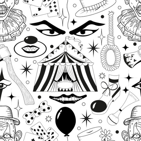 Seamless pattern with circus symbols and items with clowns, carnival tents, carousel, balloon isolated on white. Vector cartoon illustrationのイラスト素材