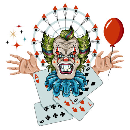Design vector cartoon illustration with symbols of circus, carousel, crazy, scary clown, hands, poker cards and red balloon  for mascot, t-shirt, stickers, clipart isolated on white.のイラスト素材