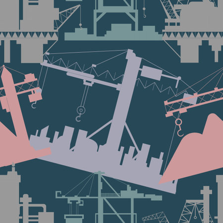 Seamless pattern with silhouettes of heavy lifting port and construction cranes, loaders and oil platforms. Trade, business, import, export, industrial and logistics concept.のイラスト素材