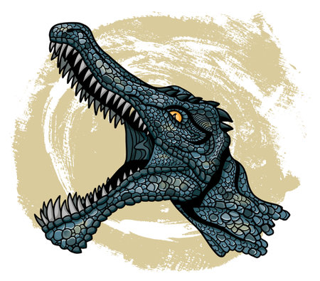 Hand drawn vector illustration with spinosaurus dinosaur with fangs and open mouth for t-shirt, stikers, print against textured background. Graphic engraved artwork with dino head, vintage styleのイラスト素材
