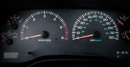 Simple Car dashboard tachometer and speedometer, close-up