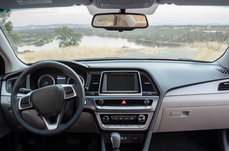 View of the interior of a modern automobile showing the dashboard, no trade marksの写真素材