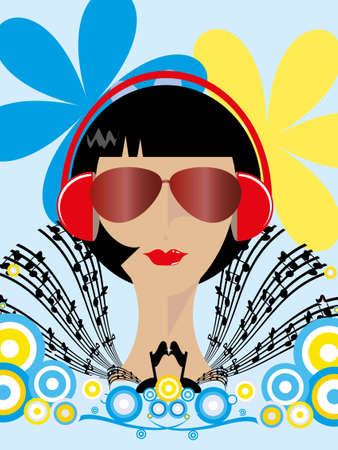 A vector girl with headphone and colorful background のイラスト素材