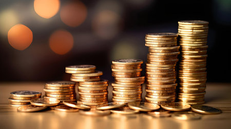 Stack of golden coins in concept of financial success and investment business growth on lighting blur background, Generated by AI.の素材