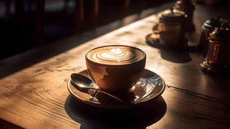 A cup of coffee with latte art on wooden table in morning sun lighting around, generated by AI.の素材