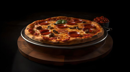 Tasty of fresh homemade pepperoni cheese pizza on wooden plate and black background, generated by AI.の素材