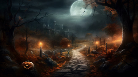 Spooky haunted graveyard background illustration in the night for Halloween concept.の素材