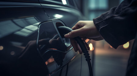 Hand of woman connect the electrical connector power charge batteries to electric car.の素材