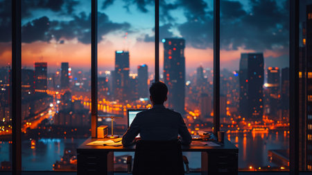 Back of businessman working on desk at night in office with blur cityscape view on window.の素材