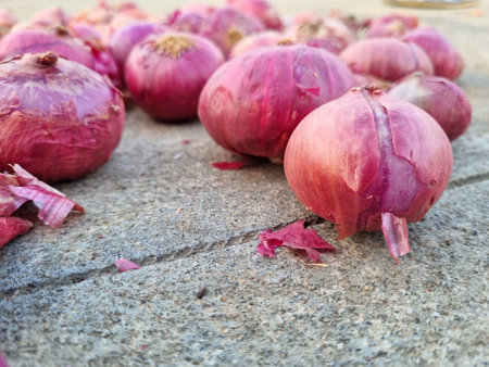Red onions are on the ground and are on the ground.の写真素材