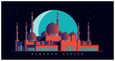 Mosque Elevation Night Scene In Red & Blueのイラスト素材