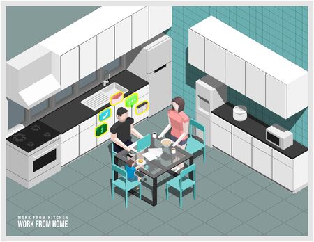 Isometric vector illustration of a man working from his kitchen's home. Accompanied by his wife and son.のイラスト素材