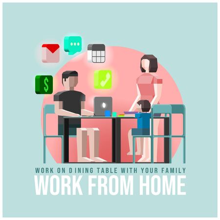 Vector Illustration of a man work from his home kitchen. Accompanied by his wife and son.のイラスト素材