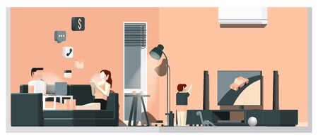 Vector illustration of a man work from home. On his couch with his familyのイラスト素材