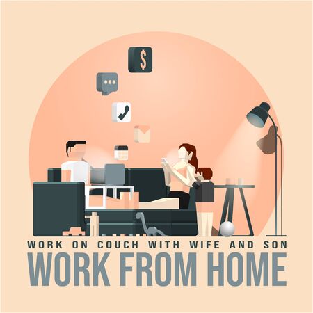 Vector illustration of a man work from home. On his couch with his familyのイラスト素材