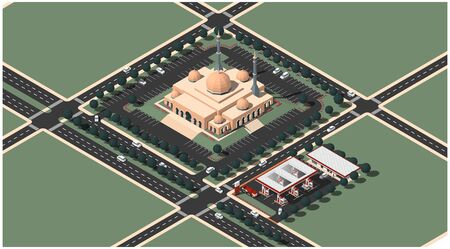 Isometric vector illustration of a moque and a gas station in city aerialのイラスト素材