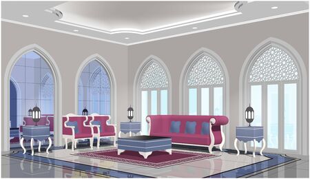 3D Perspective View of a living room in arabic style interior design in beige. purple and blueのイラスト素材
