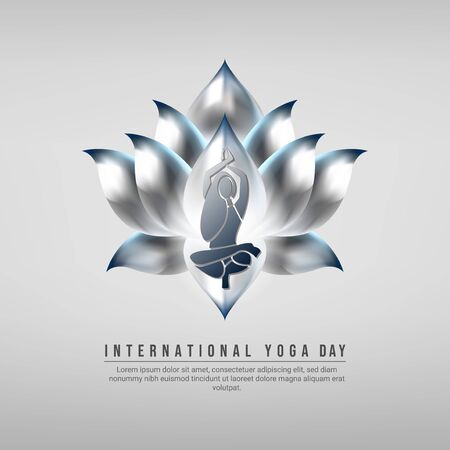 Silhouette girl doing yoga pose, with pearl steel lotus as background. Suitable for international yoga dayのイラスト素材