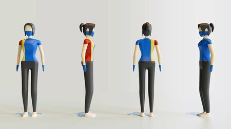 Perspective Front View 3D Character Rendering of a Salesgirl. She wear mask and hand gloves, which...