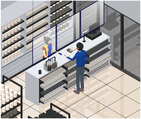 Isometric vector illustration of new normal mini market transaction. Sales girl stand behind protection transparent layer, wearing mask and hand gloves. Customer pay with electronic money. Free to use hand sanitizer available on counter table.のイラスト素材