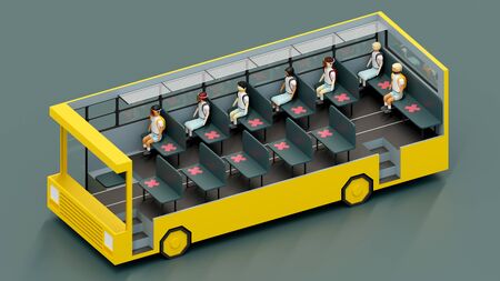 Isometric 3D Rendering about new normal physical distancing in school bus. の写真素材