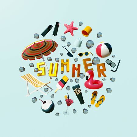 Abstract 3D rendering composition of summer stuff, such as umbrella, fins, starfish, bucket, sand, shovel, ball, beach chair, popsicles, coconut, sun cream, cocktail, flamingo inflatable, and slippersの写真素材