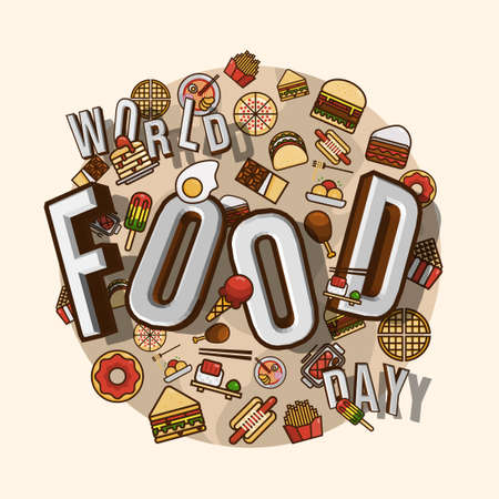 3D Typography vector illustration of World Food Day. Combined with delicious food icons and earth globe as background.のイラスト素材