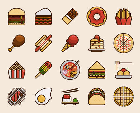 Twenty delicious food icons in filled outline style. Suitable for World Food Day or any other food theme.のイラスト素材