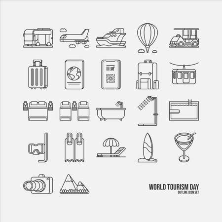 Twenty two icons in outline style. Suitable for World Tourism Day, Vacation, Holiday, or any other travel themes.のイラスト素材
