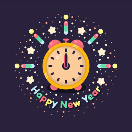 Vector illustration of clock showing twelve AM in new year time, with fireworks around.のイラスト素材