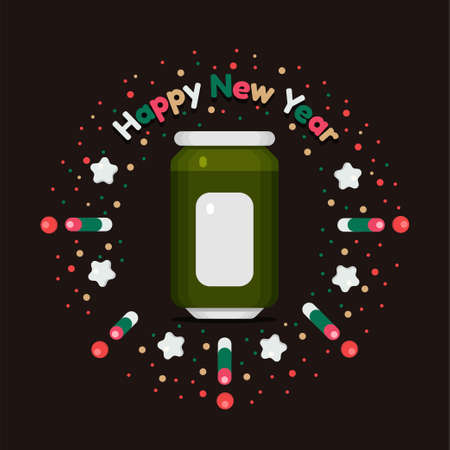 vector illustration of new year beer with fireworks as background, and text typographic.のイラスト素材