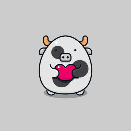 Vector illustration of a cute kawaii cow character, holding a pink heart shape symbol, suitable for love, romantic, and Valentine's Day event.のイラスト素材