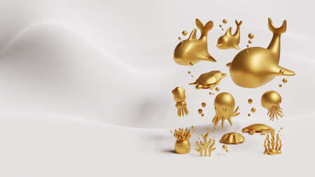 World Oceans Day Landing Page Template With Gold Sea Creatures 3D Rendering