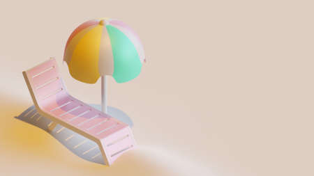 Summer landing page template with bench and umbrella 3D Rendering Illustrationの写真素材